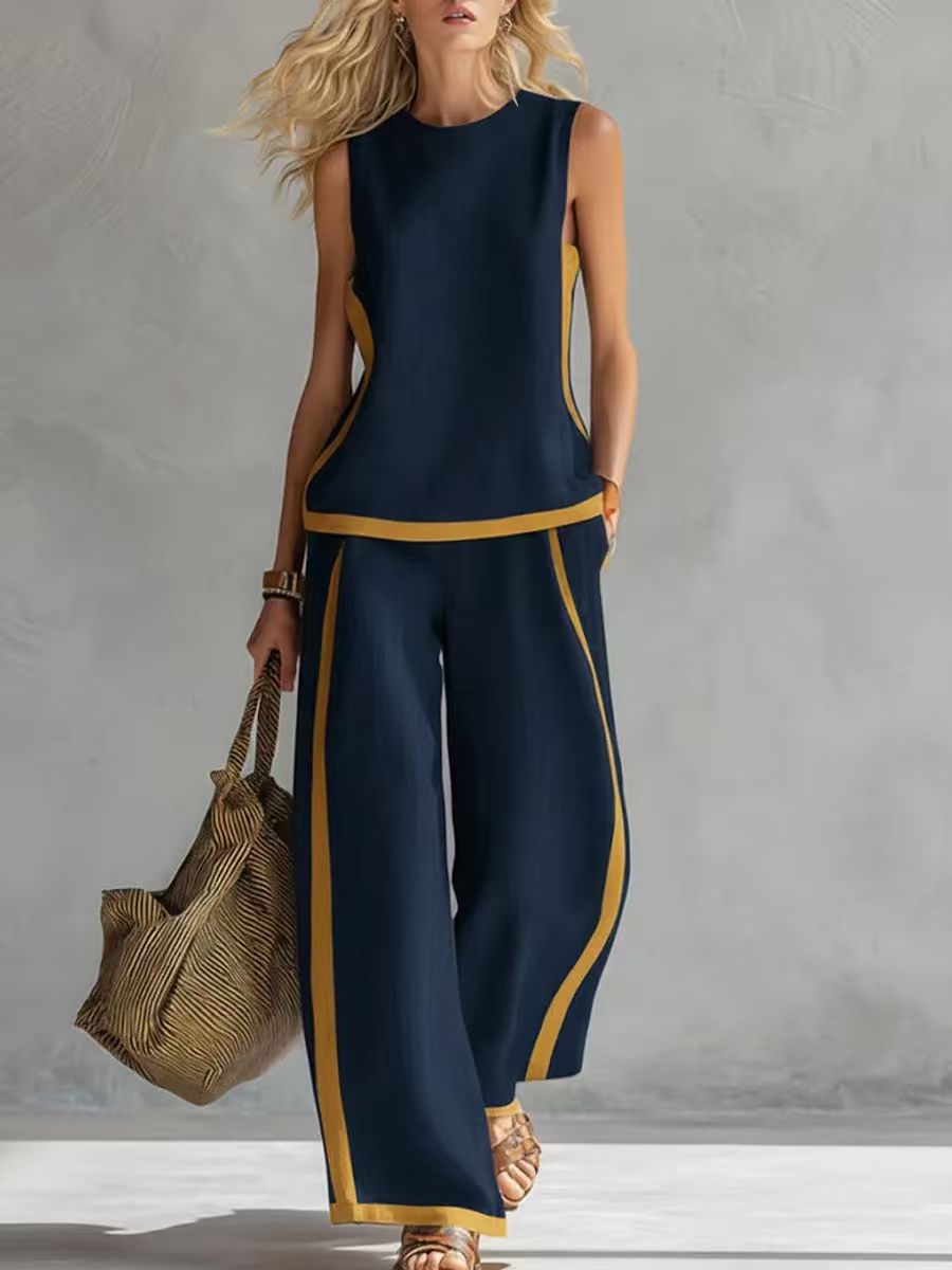 Sleeveless Color-Block Wide-Leg Pants