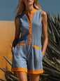 Patchwork Jumpsuit with Stand-up Collar, Sleeveless, Loose-Fit Vacation-Style Shorts