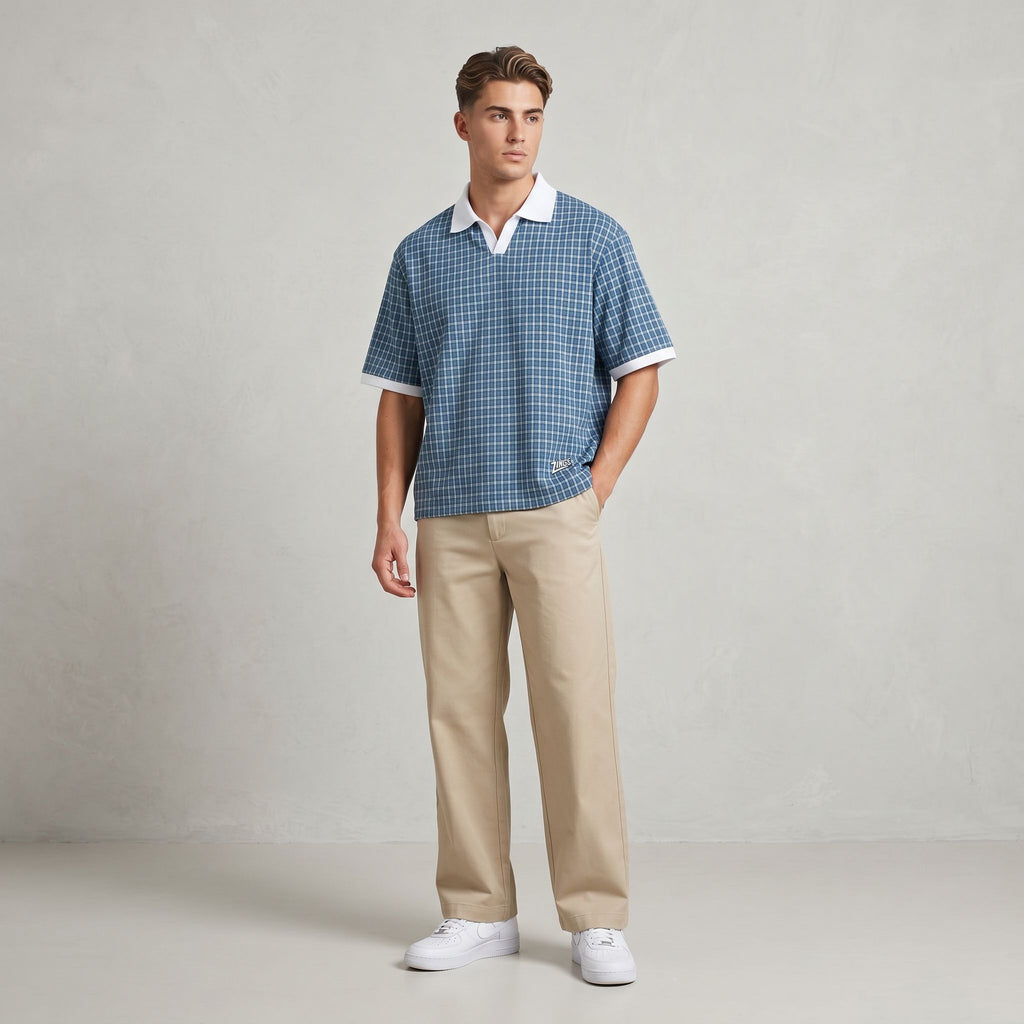 Unisex Boxy Plaid Color Block Polo Shirt